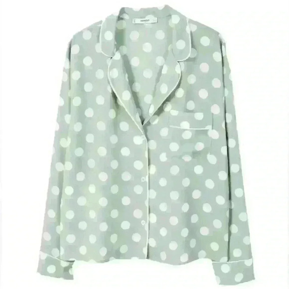 MANGO  POLKA DOT GREEN BUTTON DOWN BLOUSE SMALL (2) - Picture 7 of 7